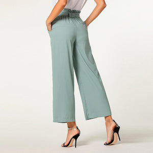 hot sell new design leisure green ladies long pants belted elastic high waisted wide leg trousers female clothes