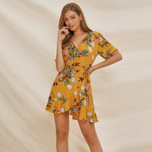 Laden Sie das Bild in den Galerie-Viewer, Hot selling summer dress V neck sexy irregular ladies boho ruffle flare floral mini dress women
