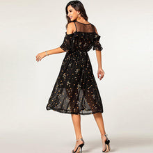 Laden Sie das Bild in den Galerie-Viewer, Black boho transparent O neck dot printing ruffled sleeve elastic waist nice lady wear off shoulder summer dress
