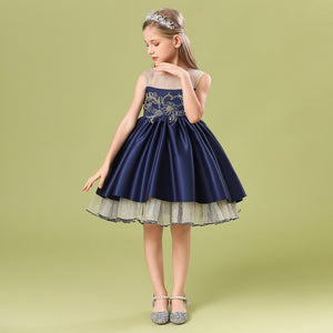 110-160cm Girls Formal Event Dresses Beaded Gold Tulle Puffy Princess Dress