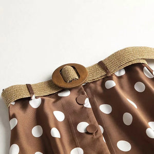 Thick Satin Polka Dot Placket Button Up Flare Midi Skirt