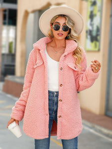 秋の女性用ロングシアリングプラッシュシャツジャケット