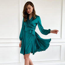 Load image into Gallery viewer, Long Sleeve V Neck Satin Wrap and Tie Mini Casual Dress
