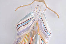 Load image into Gallery viewer, Colorful Striped Halter Neck Tie Backless Mini Casual Dress
