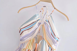 Colorful Striped Halter Neck Tie Backless Mini Casual Dress