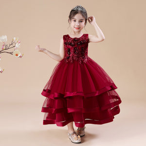 110-160cm 子供用 ハンドメイド ビーズ レース ウェディング フラワーガールドレス ロング サテン パフォーマンス プリンセスドレス