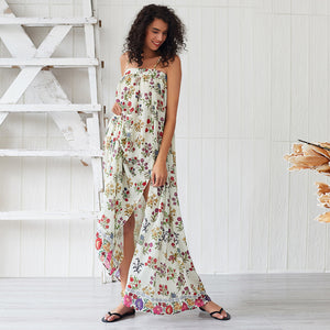 New Summer Clothing Sexy Sleeveless Backless Maxi Dress Floral Print Split Beach Boho Dress