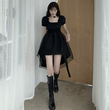 Load image into Gallery viewer, Black Organza Square Neck Puff Sleeve High Low Hem Casual Dress
