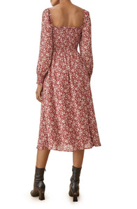 Long Sleeve Floral Square Neck Smocking Midi Casual Dress