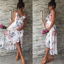 Load image into Gallery viewer, High Waist Frilled Floral Spaghetti Deep V Neck Backless Asymmetrical Pregnant Casual Dress
