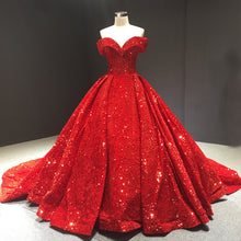 Load image into Gallery viewer, Off Shoulder Red Sequin Puffy Train Wedding Evening Dress

