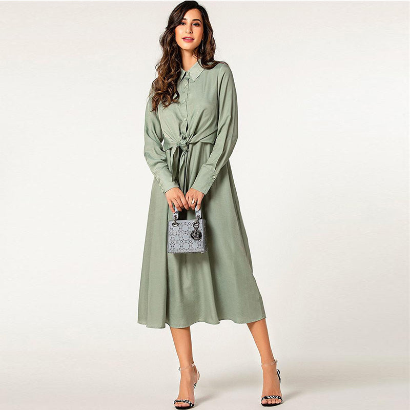 Ladies Hot Sale Fashion Elegant Long Sleeve Front Tie Bow Flare Casual Shirt Dress with Back Elasticity
