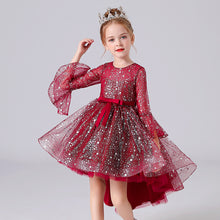 Load image into Gallery viewer, 110-160cm Girls Bell Sleeve Long Train Red Princess Event Performance Dress
