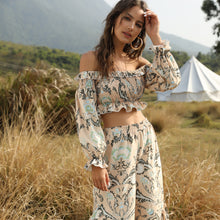 Load image into Gallery viewer, Off Shoulder Long Sleeve Smocking Frilled Bohemian Crop Top High Waist Fashion Print Two Piece Wide Leg Pants
