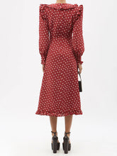 Load image into Gallery viewer, Long Sleeve Deep V Neck Waist Tie Gathered Polka-dot Midi Casual Dress
