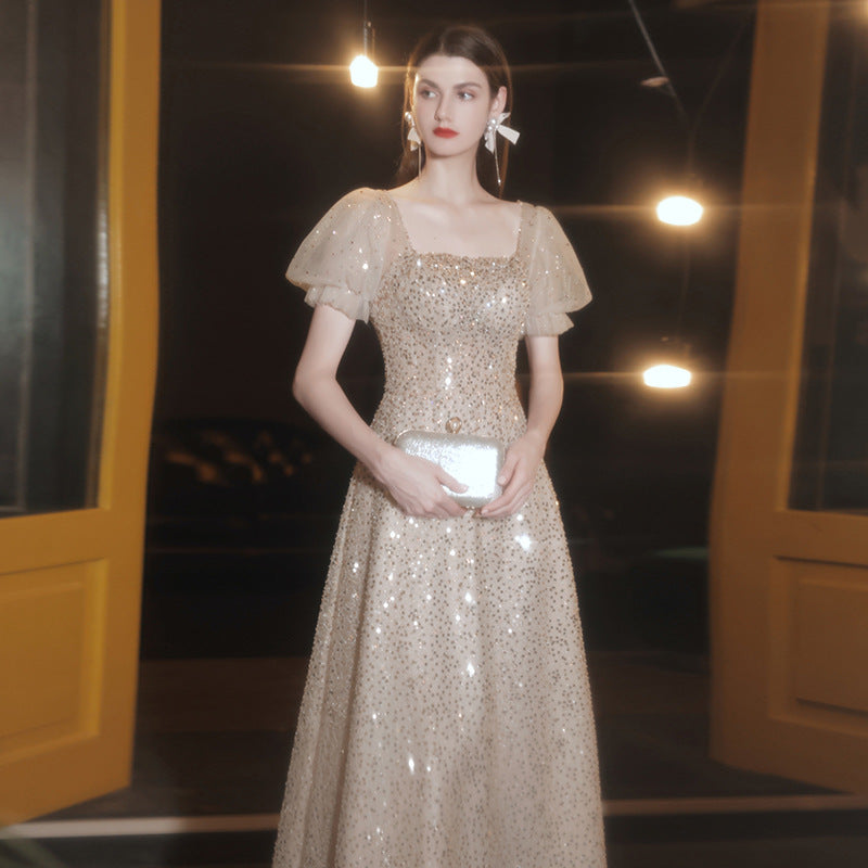 Puff Short Sleeve Elegant Sequin Midi Celebrity Engagement Bridal Even –  Jasmine Wei Factory Shop
