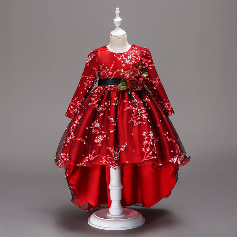 110-170cm 子供用 女の子用 長袖 トレーン プリント フラワー パフォーマンス パフィー ドレス