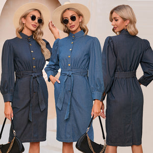 2022 Autumn Winter Standard Collar Long Sleeve Denim Plus Size Vintage Casual Dress