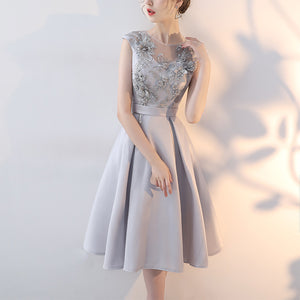 Grey Slim Short Flare Lace Applique Embroidered Gathering Banquet Evening Dress