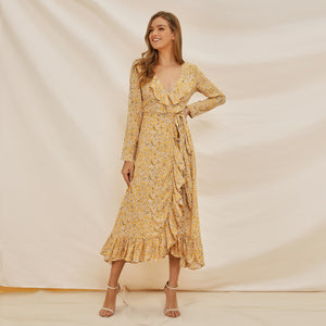 Long Sleeve Ruffle Wrap Tie Midi Dress