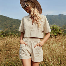 Load image into Gallery viewer, V Neck Short Sleeve Fashion Casual Loose Shorts Pocket Two Piece Set
