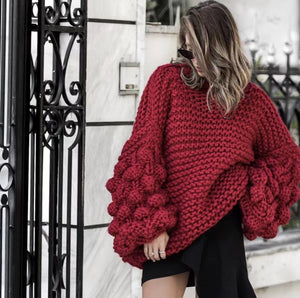 Hand Knitting Thick Heavy Gauge Ball Puff Sleeve Pullover Sweater