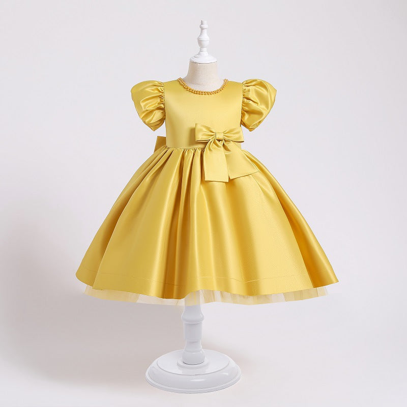 100-150cm 女の子用プリンセスドレス 大きなリボン サテン フラワーガールドレス ウェディング パフォーマンスドレス