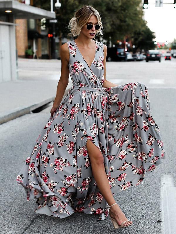 sleeveless floral maxi flowy slit boho dress