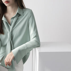 女性用長袖シフォン取り外し可能リボンホワイトシャツ