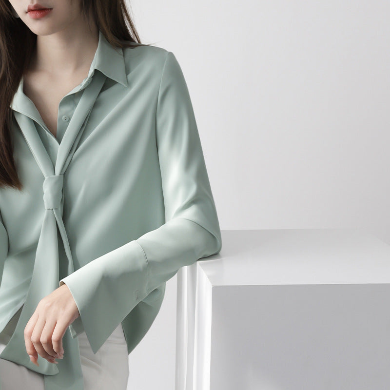 女性用長袖シフォン取り外し可能リボンホワイトシャツ