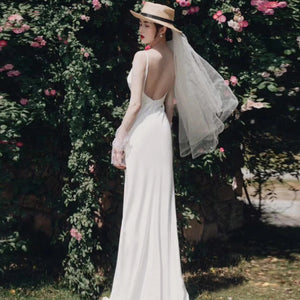 Abito da sposa bianco in stile francese con fata luminosa, semplice abito da sera in raso con spaghetti