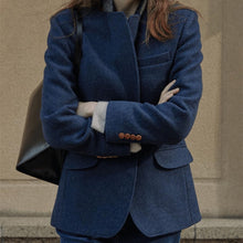 Carica l&#39;immagine nel visualizzatore di Gallery, Blazer in lana casual spesso autunno inverno blu navy da donna
