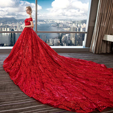 Load image into Gallery viewer, Off Shoulder Red Lace Plus Size Slim Big Train Wedding Evening Dress
