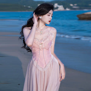 2022 Summer Ladies New Design Solid French Vintage Midi Rose Fairy Tank Slip Fluffy Elegant Princess Belle Dress