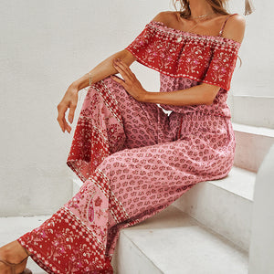 Off Shoulder Red Floral Spliced Casual Long Ladies Jumpsuit