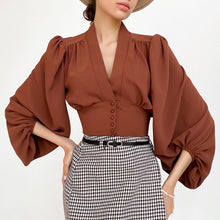 Load image into Gallery viewer, French Style V Neck Lantern Sleeve Slim Blouse Shirt
