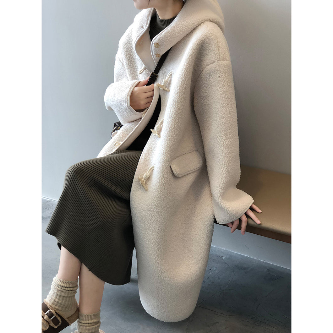 フード付きフェイクシェルパロングオーバーサイズホーンボタンシアリングコート