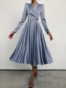 Silk-like Long Sleeve Wrap Satin A Line Notched Collar Pleated Formal Evening Dress