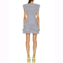 Load image into Gallery viewer, Tiered Ruffle V Neck Mini Wrap and Tie Stripe Casual Dress
