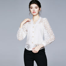 Load image into Gallery viewer, 2022 New Design Ladies White Lace V Neck Puff Long Sleeve Short Blouse with Tank Top
