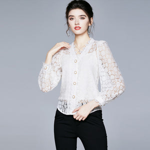 2022 New Design Ladies White Lace V Neck Puff Long Sleeve Short Blouse with Tank Top