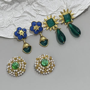 Mediaeval Elegant Green Water Drop Colored Glaze Earrings Classic Vintage Gilded Square Crystal Ear studs