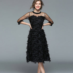 Elegant Solid Tassel Tulle Three Quarter Sleeve Cocktail Dress
