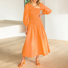 Load image into Gallery viewer, Asymmetrical Long Lantern Sleeve Smocked Midi Flare Casual Dress
