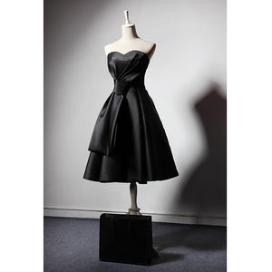 Short Tie Knot Strapless Satin Elegant Black Party Evening Dress