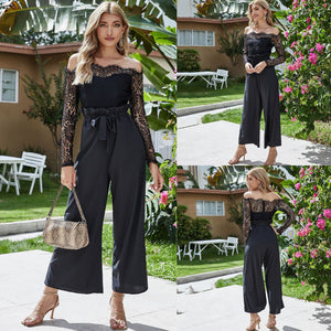 2022 Autumn Lace Spliced Slim Long Sleeve Off Shoulder Wide Leg Jumpsuit