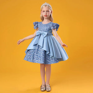 100-150cm Kids Little Girls Embroidered Frilled Flying Sleeve Princess Performance Puffy Bowknot Satin Dress