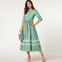 Laden Sie das Bild in den Galerie-Viewer, Green elegant elbow sleeve lace belted long button shirt dress
