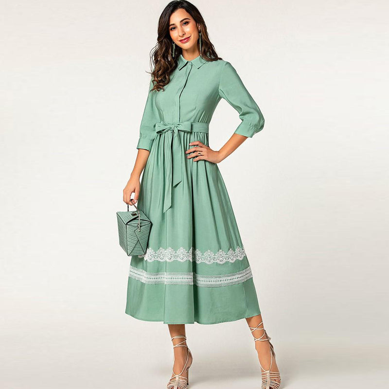 Green elegant elbow sleeve lace belted long button shirt dress