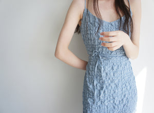 Cloud Seersucker Spaghetti Adjustable Strap Chic Casual Dress
